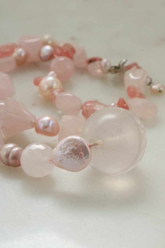 Vintage Gemstone Beaded Necklace - Pink Quartz Be… - image 9