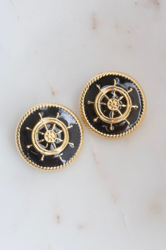 Vintage Gold Ship Wheel Round Earrings - Black Ena
