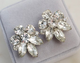 Vintage Rhinestone Flower Clip On Earrings