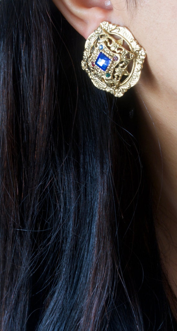 Vintage Gold Geometric Earrings - Statement Earri… - image 2