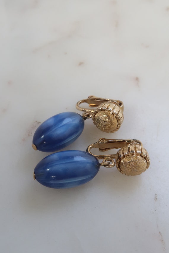 Vintage Blue Dangle Clip On Earrings - image 4