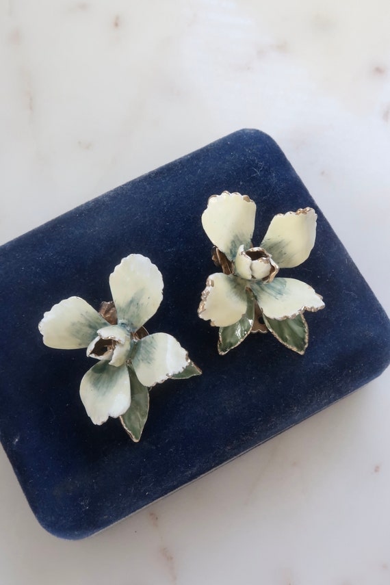 Vintage Green Orchid Flower Clip On Earrings