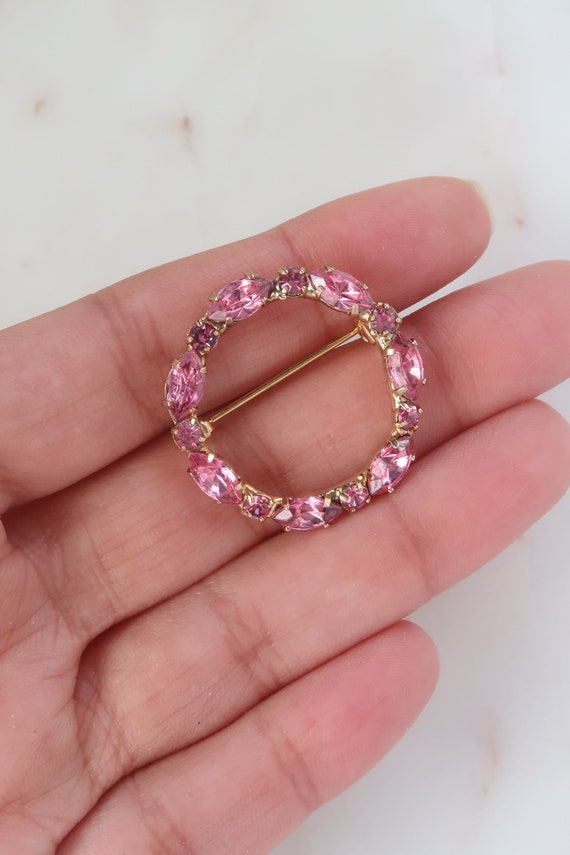 Vintage Pink Rhinestone Circle Brooch - image 10