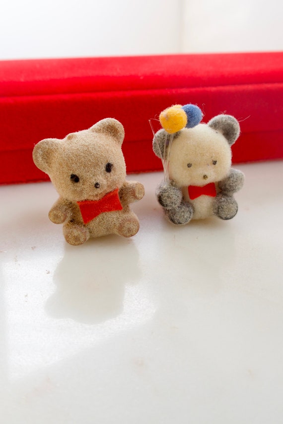 Vintage Fuzzy Flocked Teddy Bear Pins