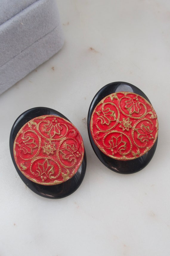 Vintage Black and Red Geometric Earrings - Black … - image 3