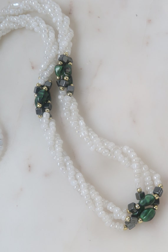 Vintage White and Green Twisted Beaded Necklace - image 7