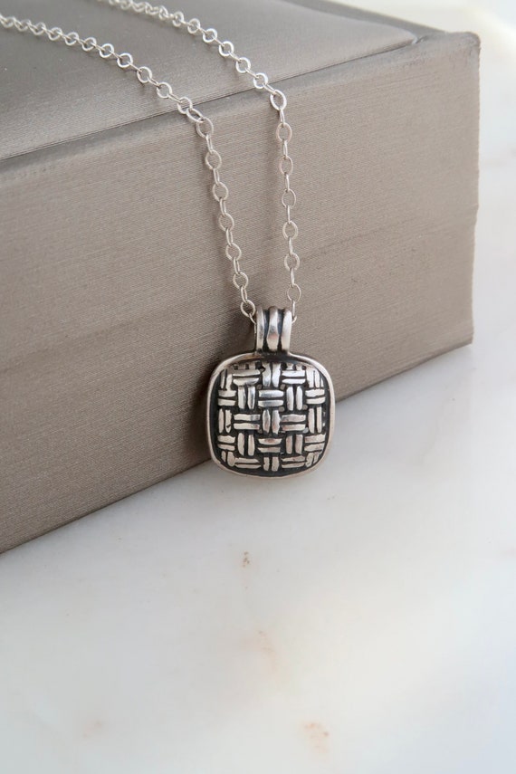 Vintage Sterling Silver Wicker Pendant Necklace