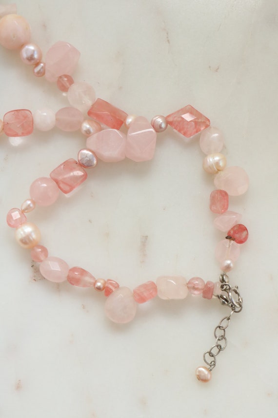 Vintage Gemstone Beaded Necklace - Pink Quartz Be… - image 6