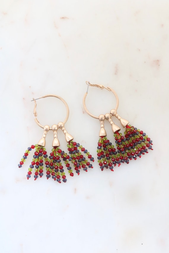 Crystal Bead Tassel Earrings - Gold Hoop Earrings