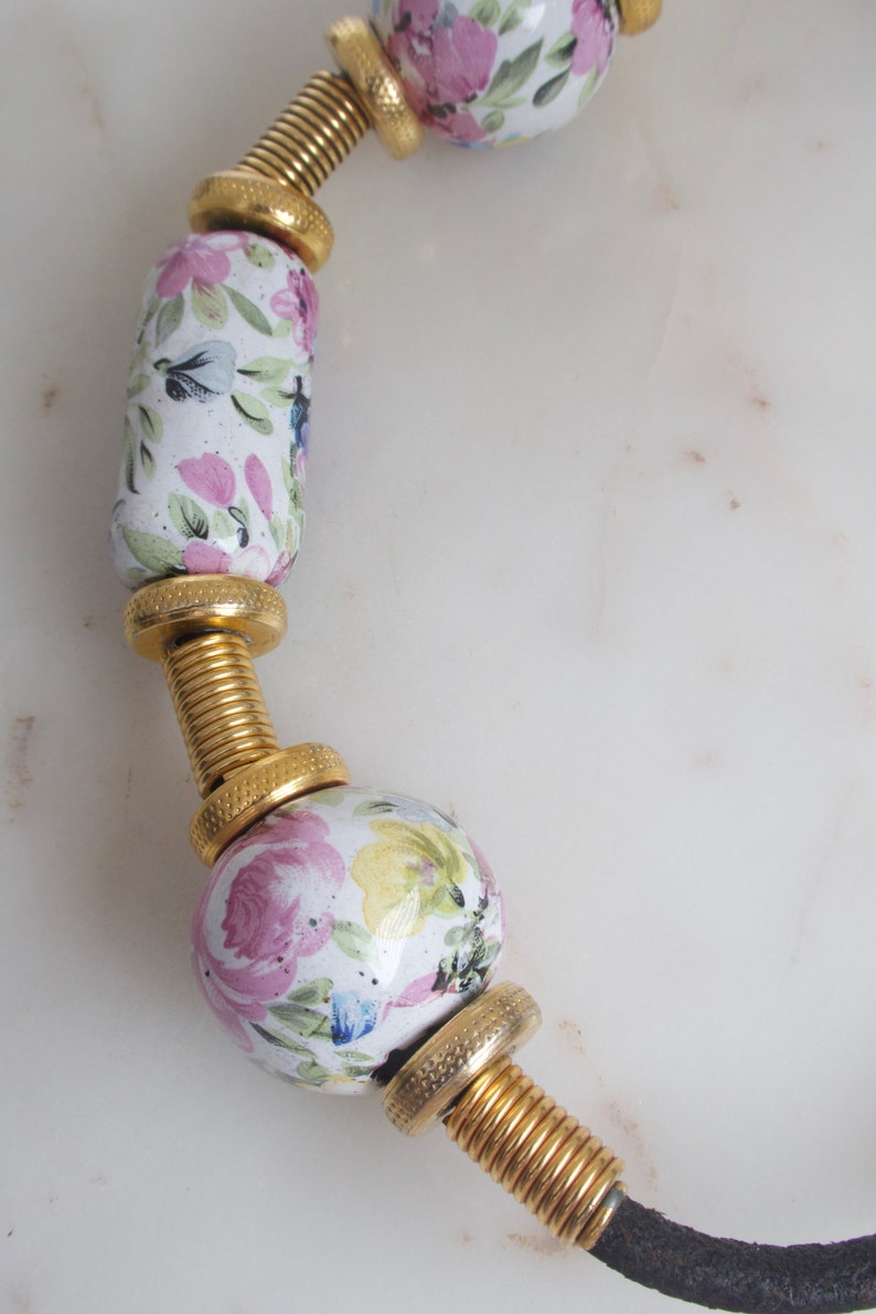 Vintage Floral Porcelain Bead Necklace - Leather Necklace image 9