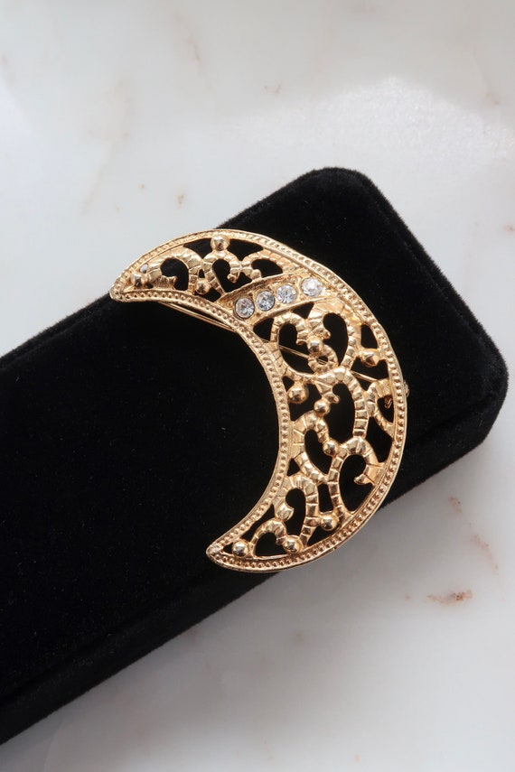 Half Moon Brooch - Rhinestone Filigree Moon Brooch