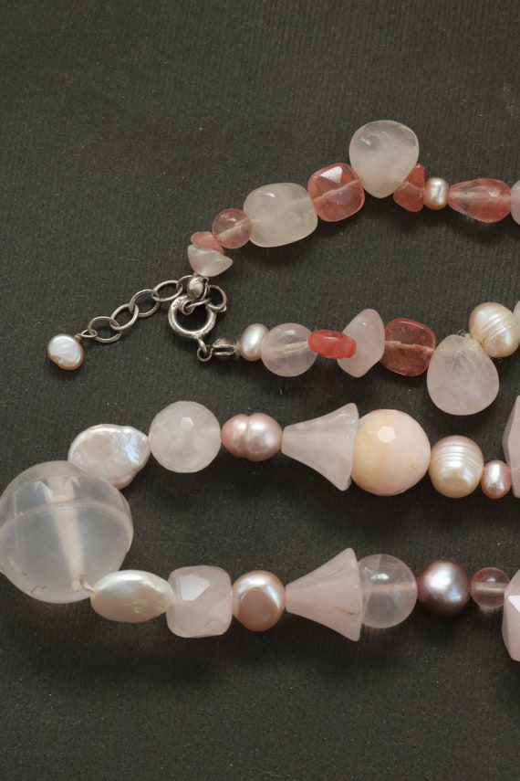 Vintage Gemstone Beaded Necklace - Pink Quartz Be… - image 5