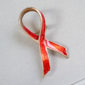 Vintage Red Enamel Breast Cancer Ribbon Brooch