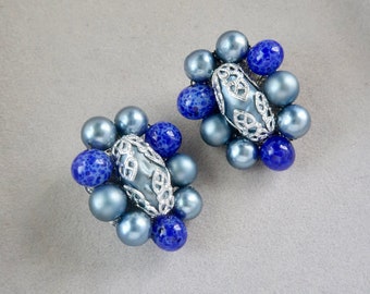 Vintage JAPAN Blue Cluster Clip On Earrings