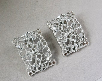 Vintage Silver Filigree Rectangle Clip On Earrings