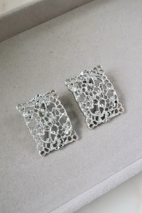 Vintage Silver Filigree Rectangle Clip On Earrings