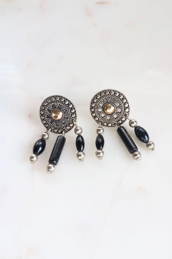 Vintage Sterling Dangle Earrings - Black Onyx Dang