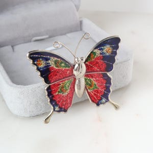 Vintage Red Blue Glitter Enamel Butterfly Brooch