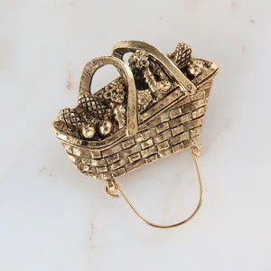 Vintage Gold Vegetable Basket Brooch Charm Holder Brooch
