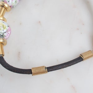 Vintage Floral Porcelain Bead Necklace - Leather Necklace image 7