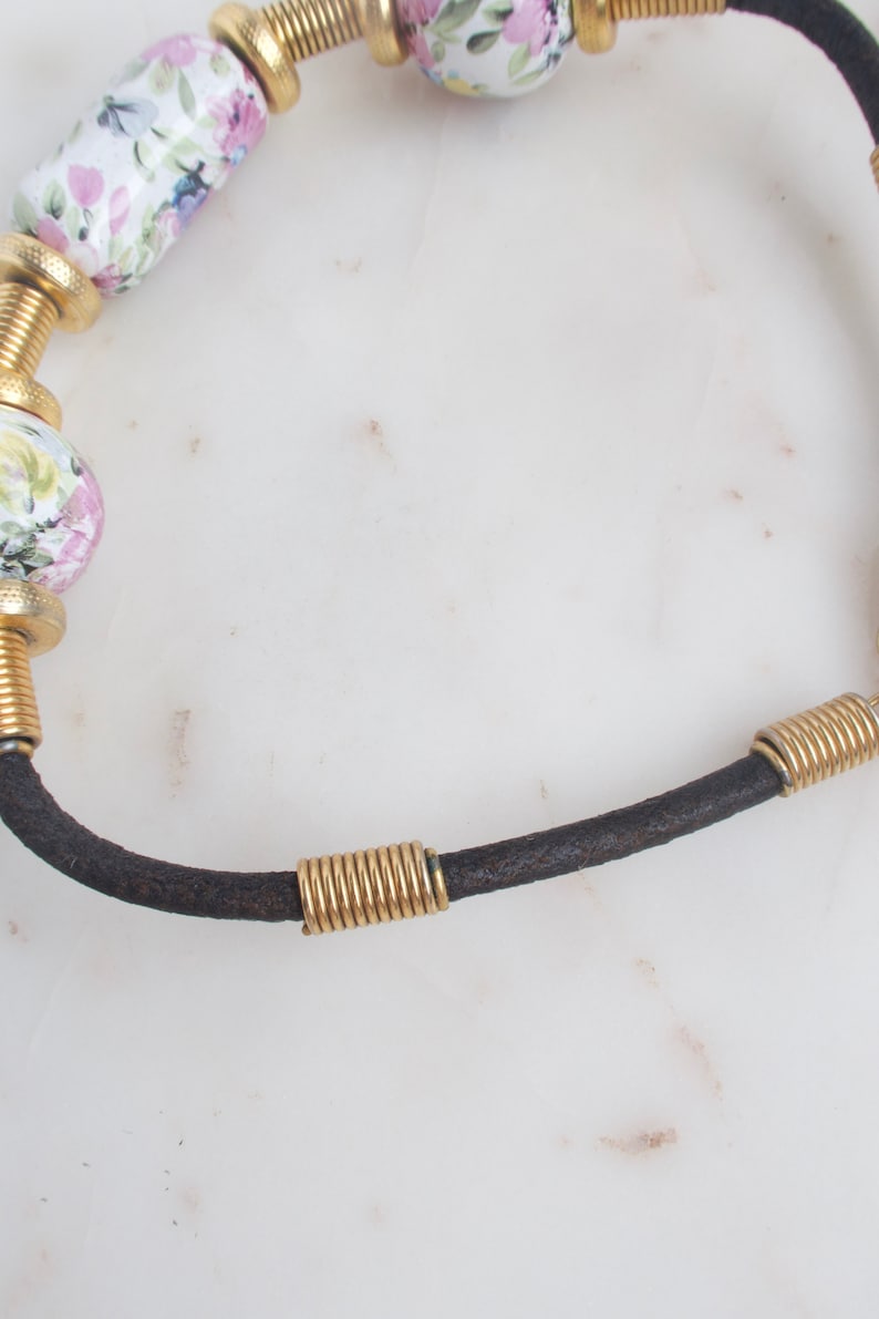 Vintage Floral Porcelain Bead Necklace - Leather Necklace image 7