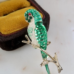 Vintage Green Parrot Bird Gold Brooch