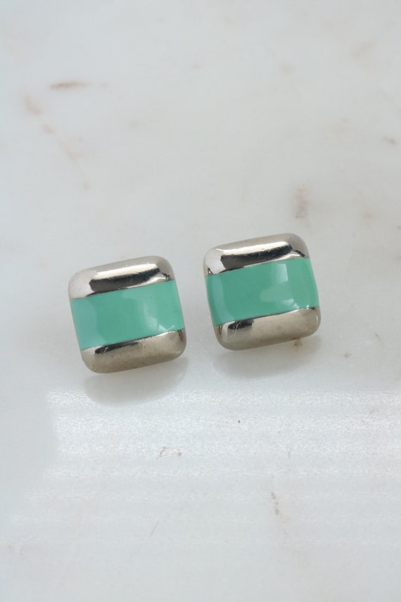 Vintage Avon Silver and Green Enamel Square Earri… - image 2