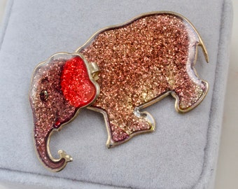 vintage broche éléphant marron - broche éléphant marron pailleté - broche éléphant lyre - broche animaux