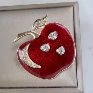 Vintage Rhinestone Red Apple Brooch