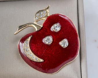Vintage Rhinestone Red Apple Brooch