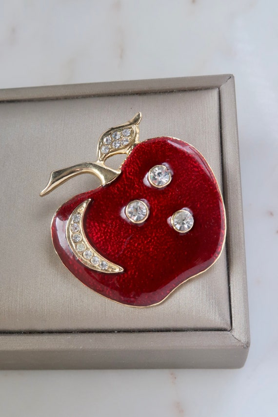 Vintage Rhinestone Red Apple Brooch