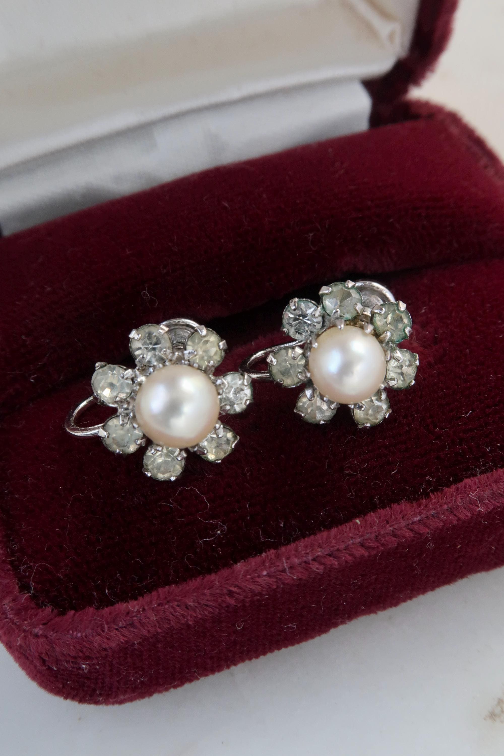 Vintage Sterling Silver Rhinestone Freshwater Pearl Screw Back Earrings