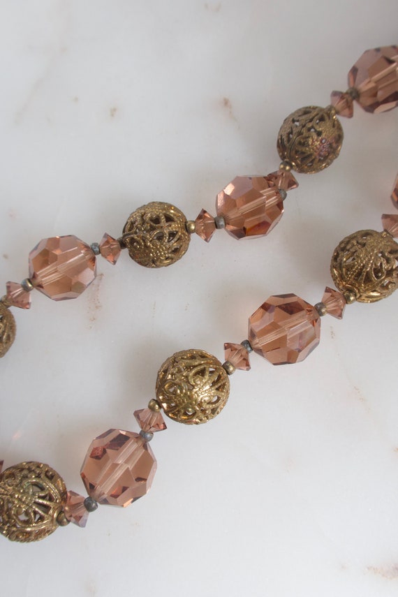 Vintage Brown Crystal & Gold Filigree Bead Neckla… - image 2