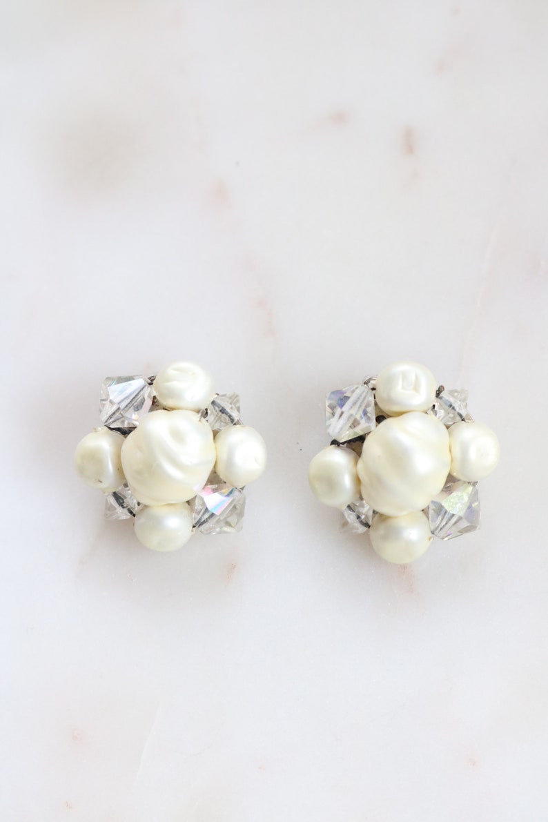 Vintage White Cluster Bead Earrings Pearl Beaded Clip On Etsy