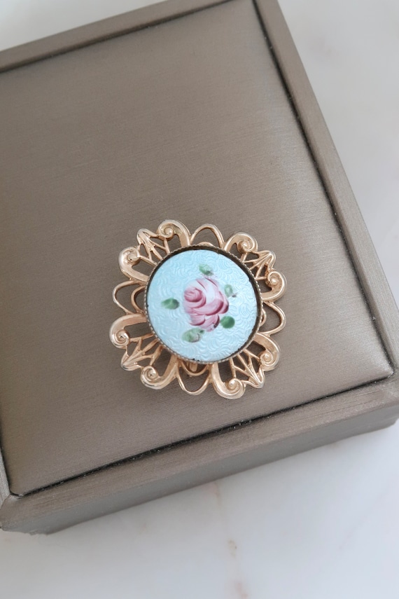 Vintage Blue Guilloche Enamel Painted Rose Brooch