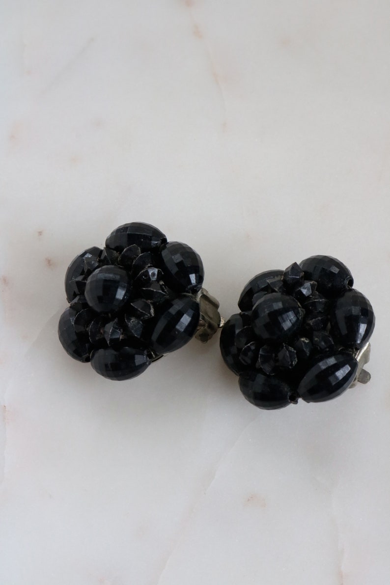 Vintage Black Cluster Clip On Earrings
