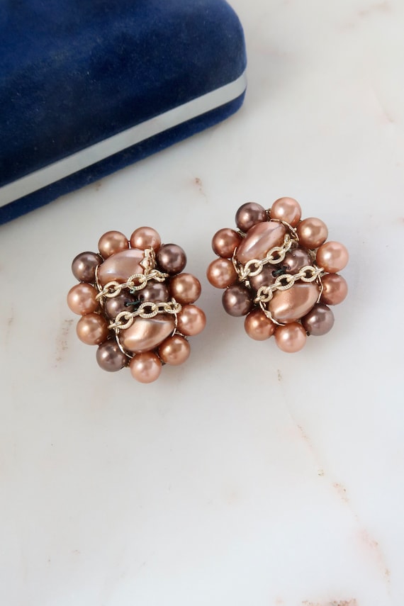 Boucles D'oreilles Clips Vintage Japonaises Dorées – Émail Marbré Pêche, Hauteur 2,2cm, Occasion