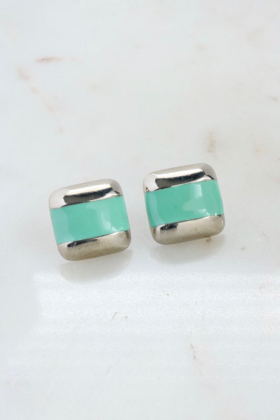 Vintage Avon Silver and Green Enamel Square Earri… - image 1