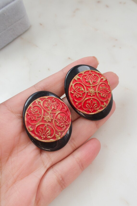 Vintage Black and Red Geometric Earrings - Black … - image 2