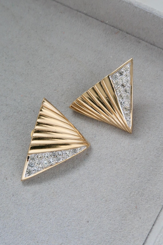 Vintage Panetta Rhinestone Triangle Gold Earrings