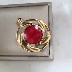 Vintage Red Enamel Gold Swirl Brooch