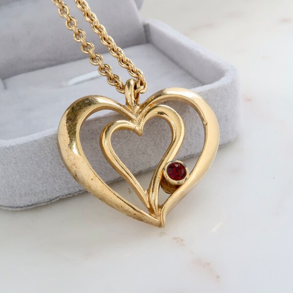 Vintage AVON Heart Pendant Necklace Double Heart Necklace Red Crystal Heart Necklace Large Heart Pendant July Birthstone Necklace