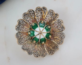 Vintage Sterling Silver Gold Plated Filigree Flower Brooch