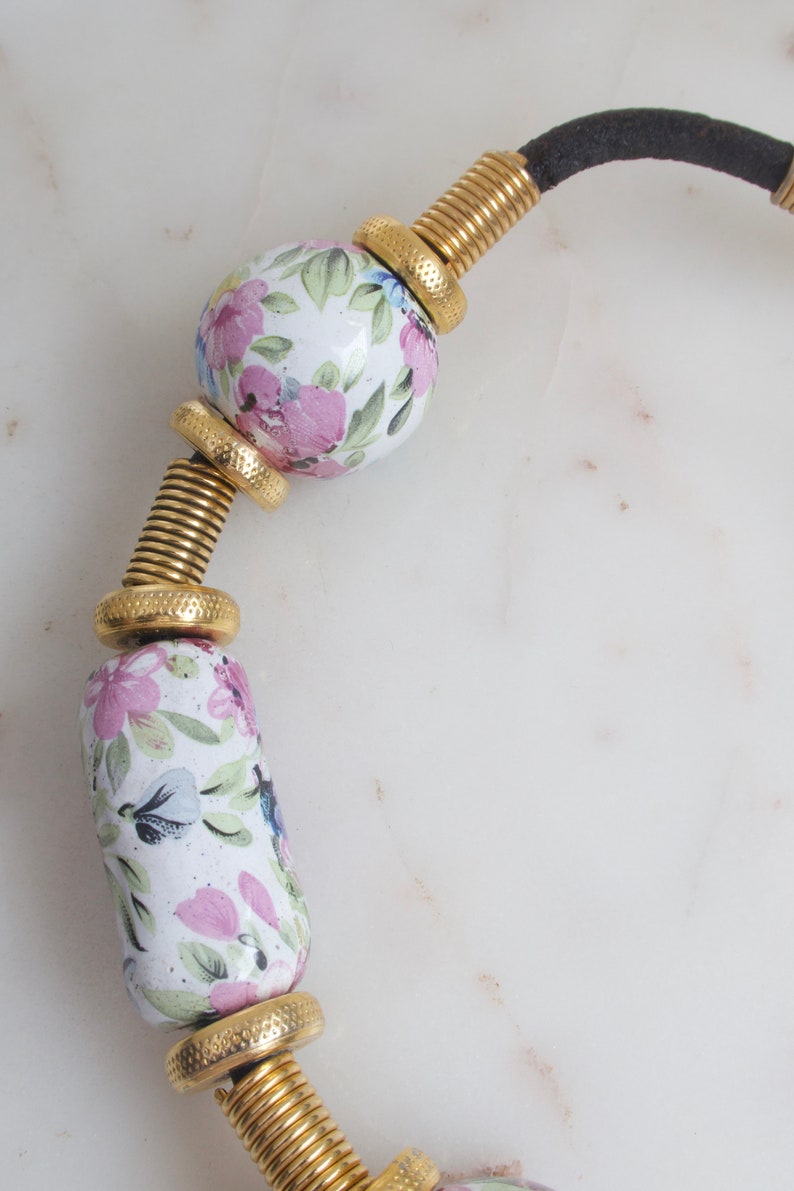 Vintage Floral Porcelain Bead Necklace - Leather Necklace image 10