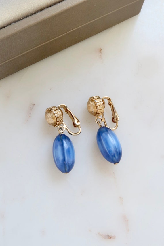 Vintage Blue Dangle Clip On Earrings - image 1
