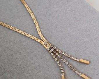Vintage Rhinestone Gold Necklace - Tassel Necklace - Gold Necklace - Statement Necklace