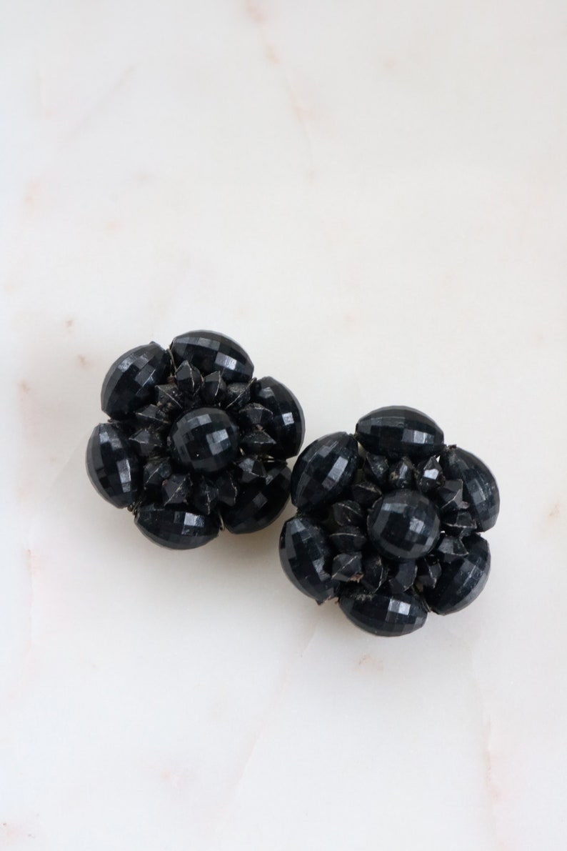 Vintage Black Cluster Clip On Earrings