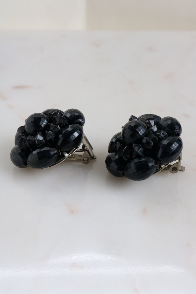 Vintage Black Cluster Clip On Earrings