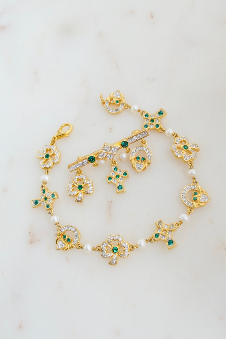 Rhinestone Claddagh Clover Cross Bracelet and Brooch