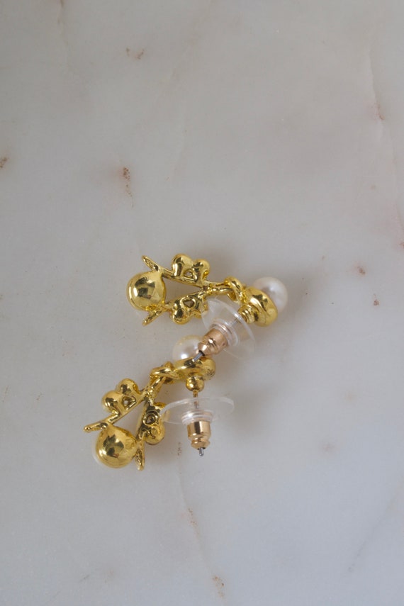 Vintage Pearl Rhinestone Dangle Earrings Gold Pea… - image 3